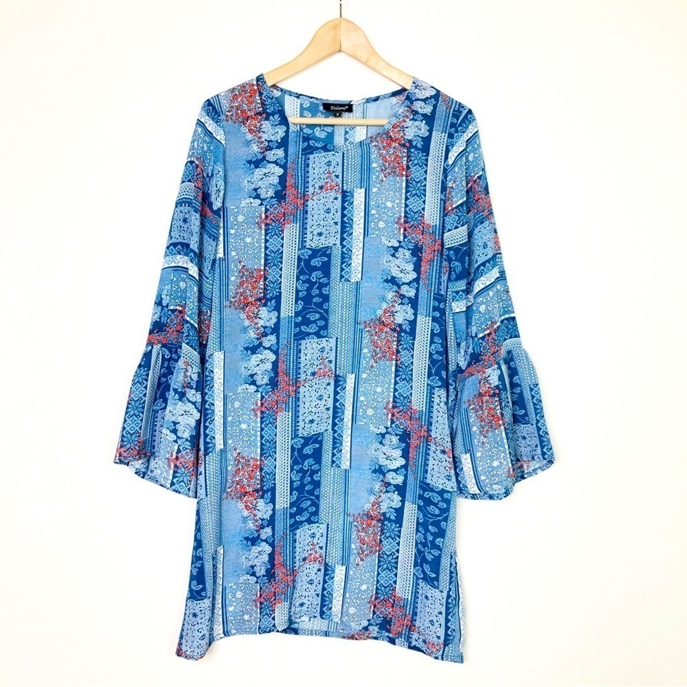 Tolani Blue floral, silk, BoHo mini dress